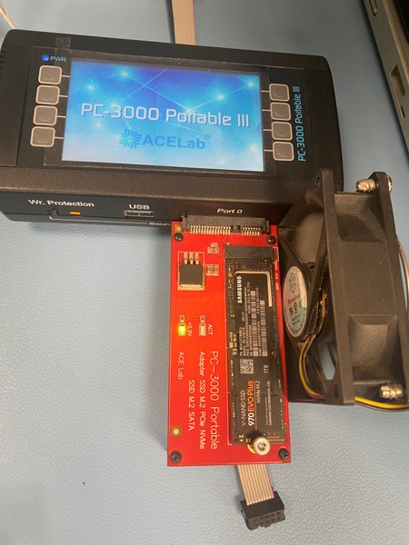 PC-3000 Portable with Samsung 970 EVO Plus M.2 SSD on adapter at R3 lab bench